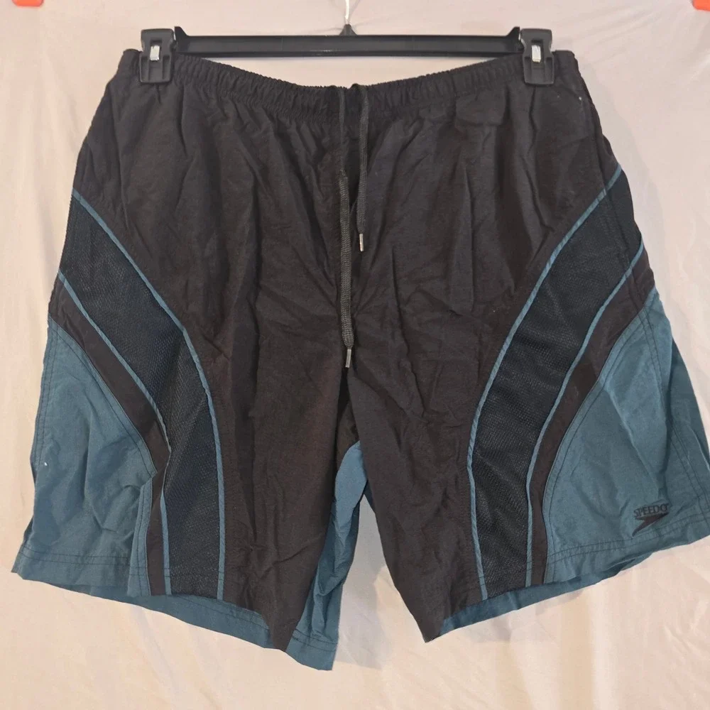 Speedo Swim‎ Trunks Large Mens Black Teal Mesh Panel Colorblock Board Shorts